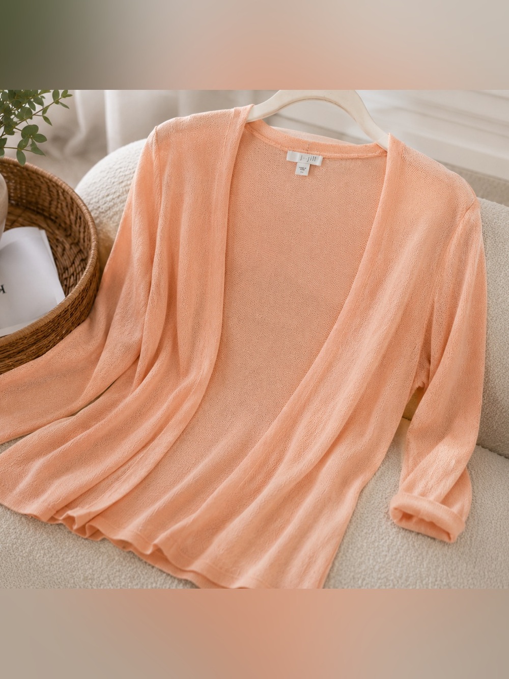 J. Jill Peach Linen Blend Open Front Long‎ Cardigan Size Medium
